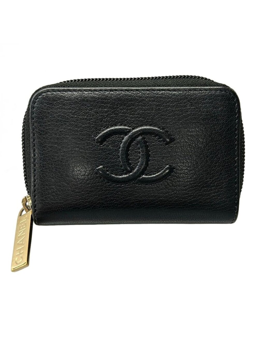 Chanel Coin Purse Black Gold CC Logo Zip Around Leather